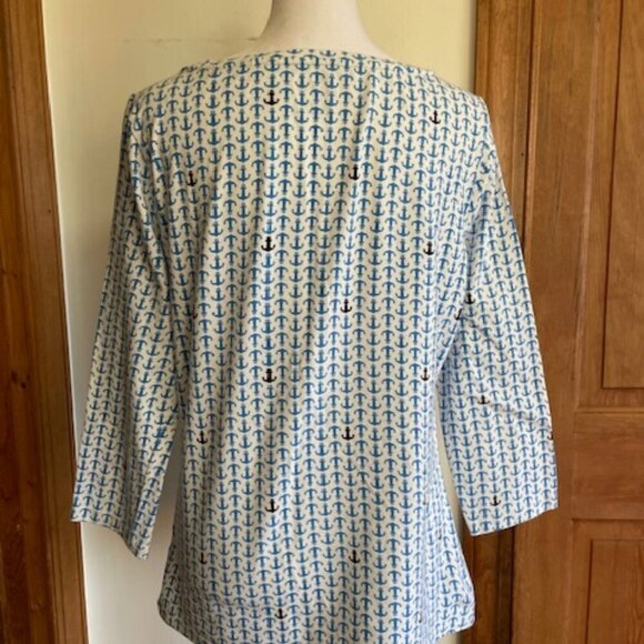 TALBOTS Classic 3/4 Sleeve Tee Shirt Blue Anchor Print - Picture 5 of 14